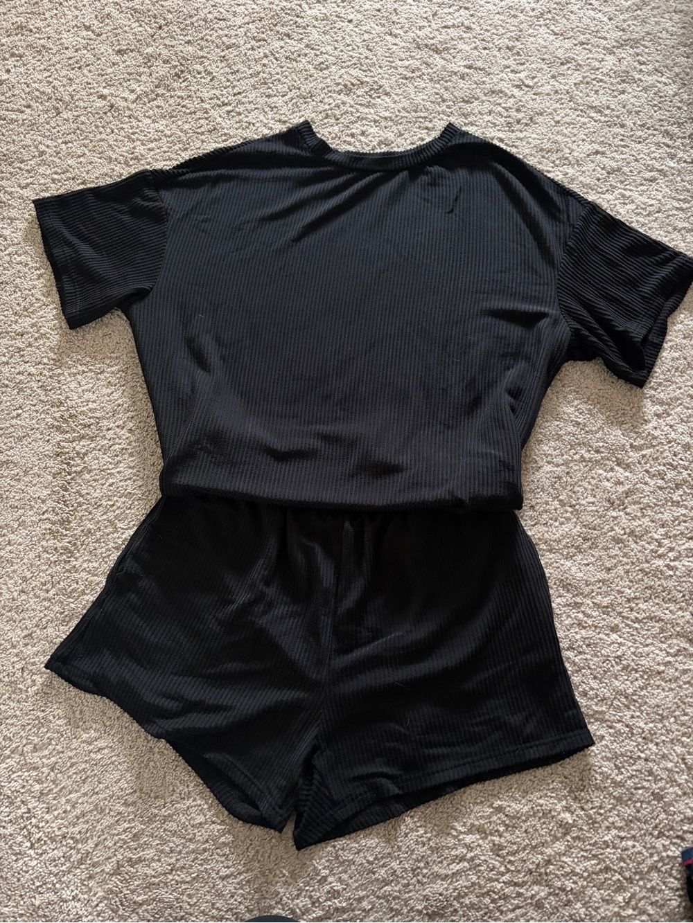 Ribbed Short Sleeve Lounge Set - Black